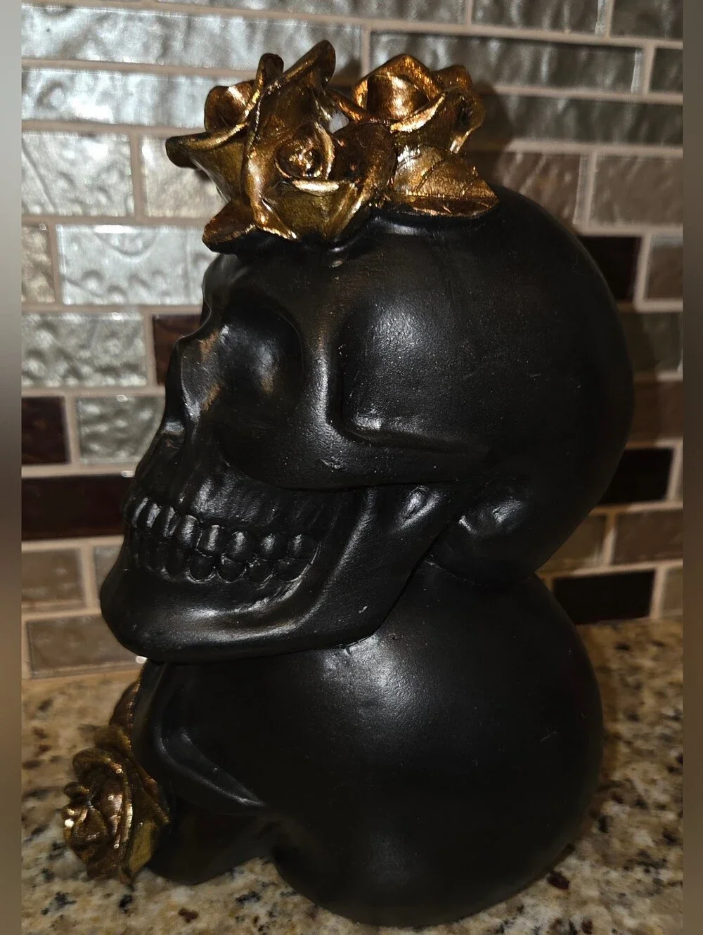 Black Resin Halloween Decorative Stacked Skull Accent with Gold Roses Decoration